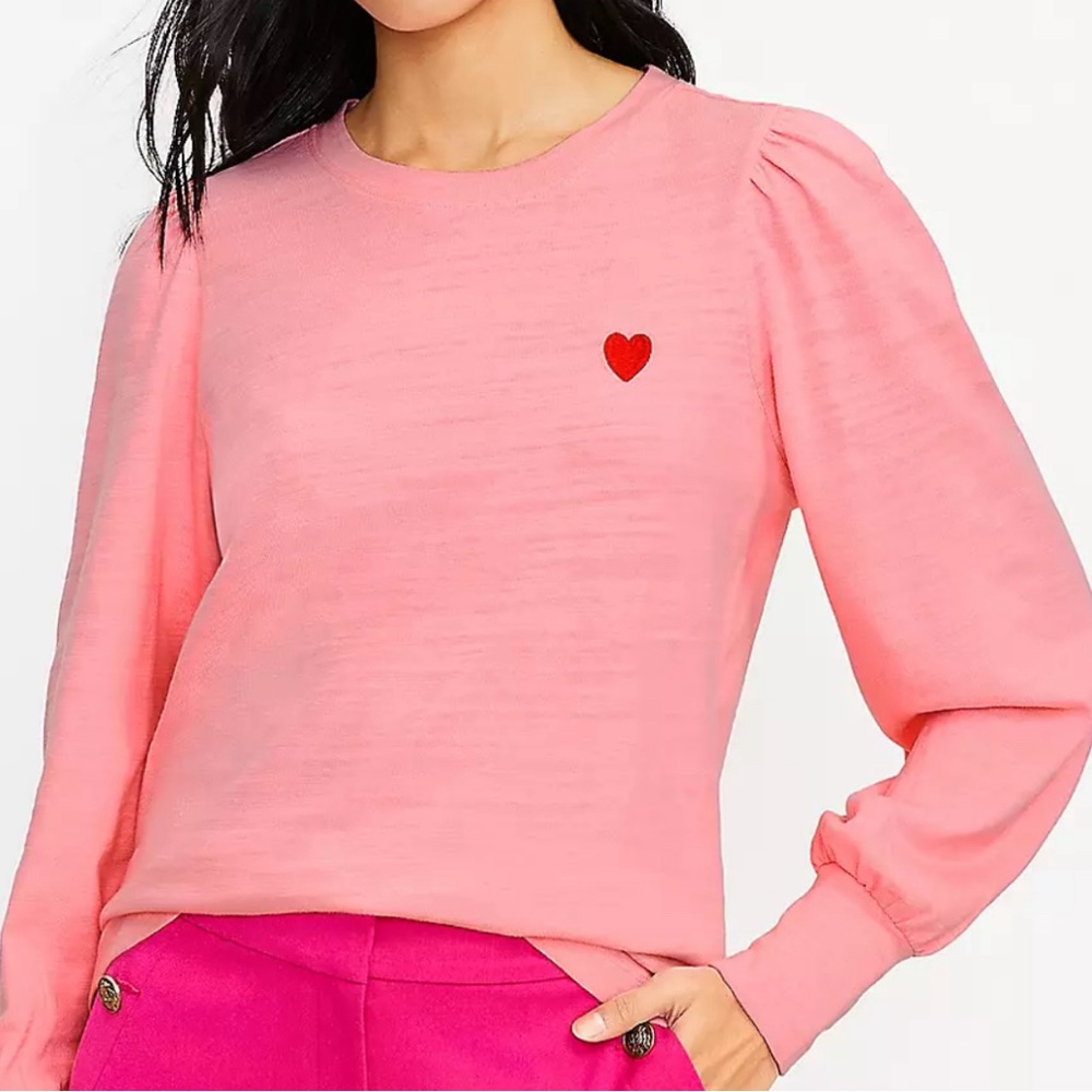 NWT Loft Puff Sleeve Cotton Sweatshirt with Heart Bright Pink Size Petite XXL